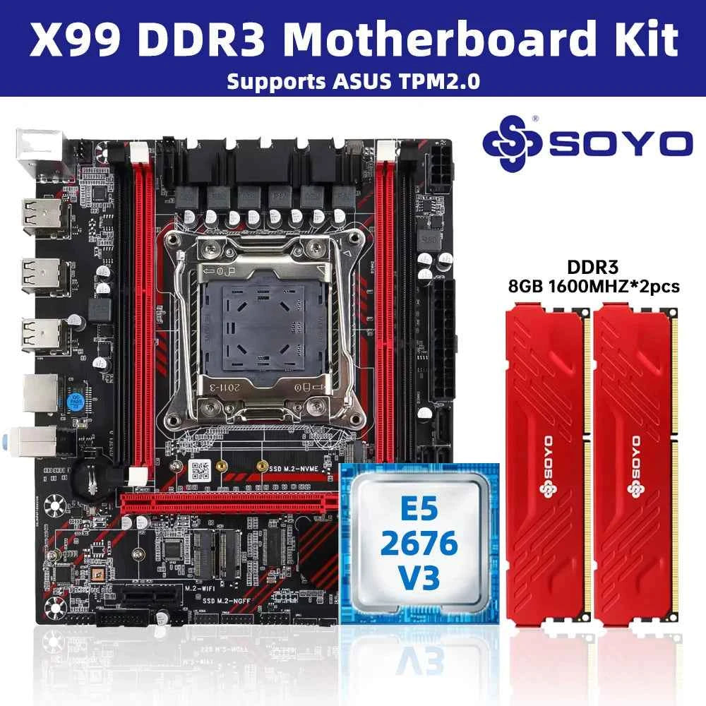 SOYO X99 Motherboard Set Kit With Intel LGA2011-3 Xeon E5 2676 V3 and DDR3 16GB (2*8GB) 1600MHz Dual Channel RAM M.2 NVME