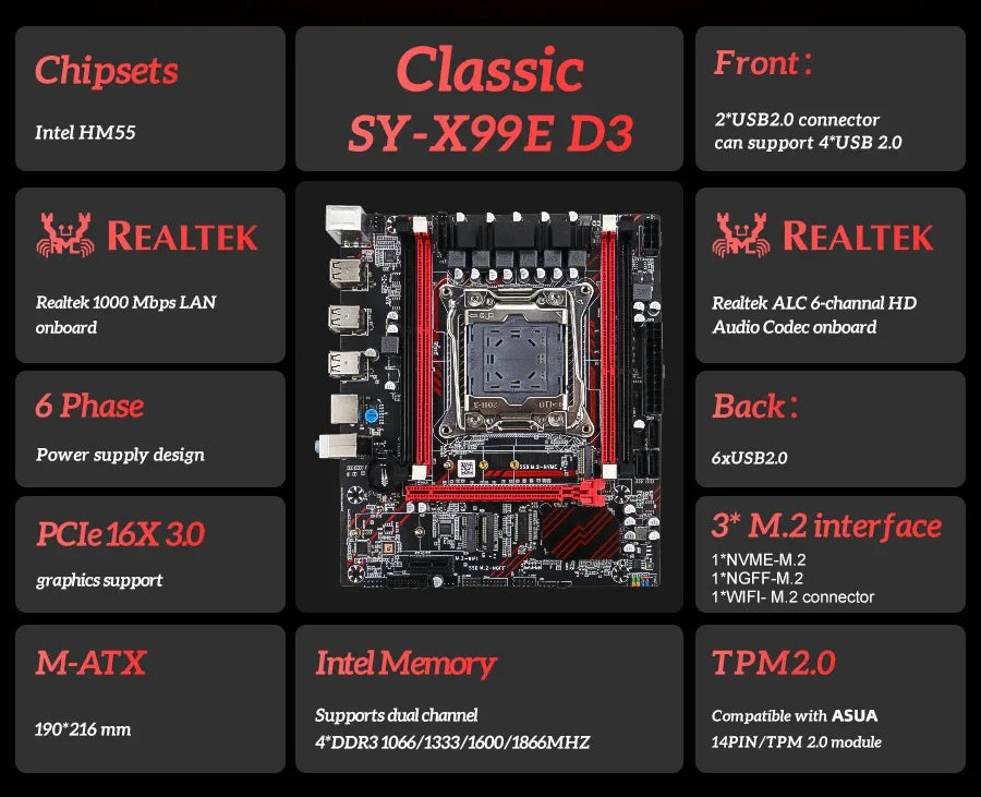 SOYO X99 Motherboard Set Kit With Intel LGA2011-3 Xeon E5 2676 V3 and DDR3 16GB (2*8GB) 1600MHz Dual Channel RAM M.2 NVME